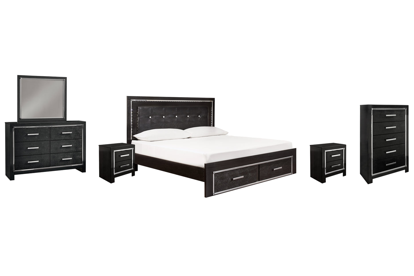 Kaydell King Panel Bed with Storage with Mirrored Dresser, Chest and 2 Nightstands